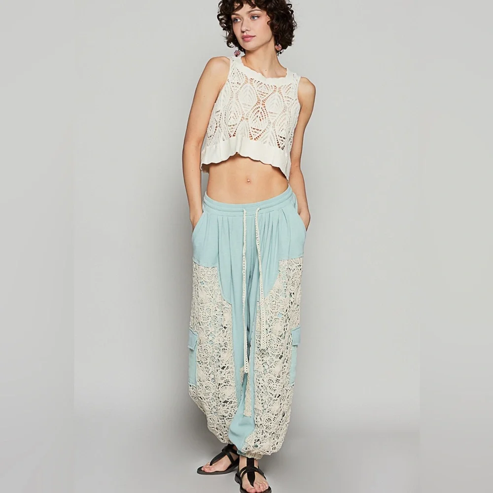 POL lace pants boho joggers teal blue green pockets drawstring - Picture 4 of 9